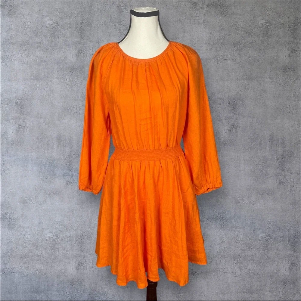 J. Crew NWT Palermo Smocked Waist Linen Orange Mini Dress Womens S Minimalist - Picture 1 of 9